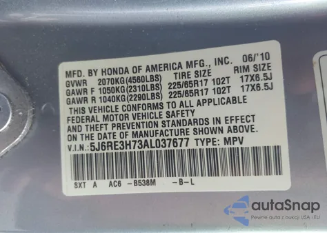 2010 Honda Cr-V Ex-L из США, поврежденный, VIN 5J6RE3H73AL037677